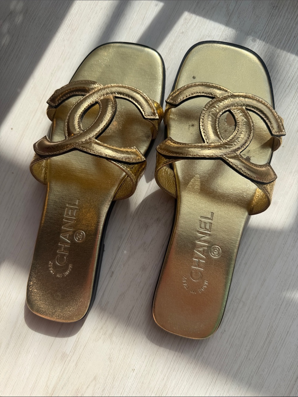 CHANEL Metallic Gold Iridescent CC Slide Mules